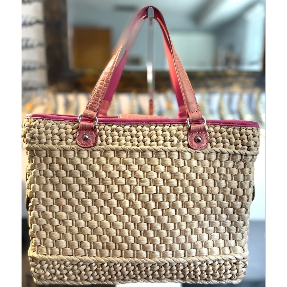 Brighton Straw Tote with Pink Trim and Multicolor Floral Appliques